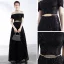 Schöne Schwarz Abendkleider 2020 A Linie Off Shoulder Kurze Ärmel Pailletten Metall Stoffgürtel Lange Rüschen Rückenfreies Festliche Kleider