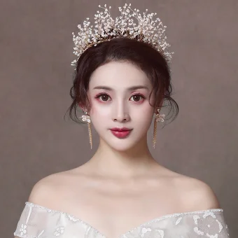 Elegant Gold Bridal Jewelry 2020 Alloy Wedding Beading Tiara Tassel Earrings Bridal Hair Accessories