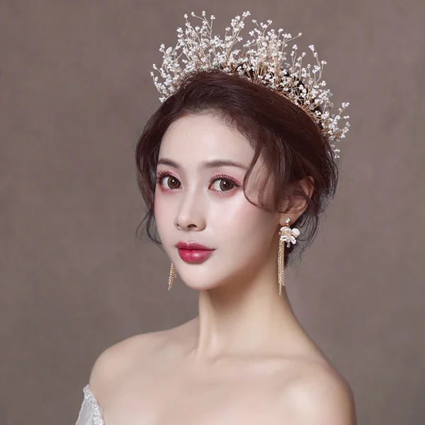 Élégant Doré Bijoux Mariage 2020 Alliage Mariage Perlage Tiare Gland Boucles D'Oreilles Accessoire Cheveux Mariage