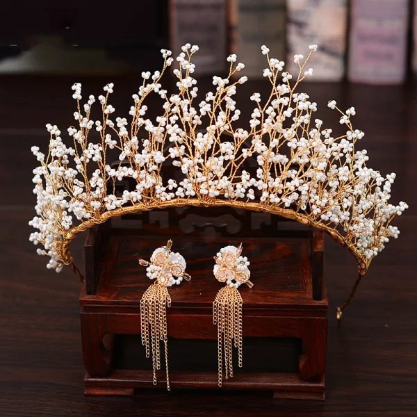 Élégant Doré Bijoux Mariage 2020 Alliage Mariage Perlage Tiare Gland Boucles D'Oreilles Accessoire Cheveux Mariage