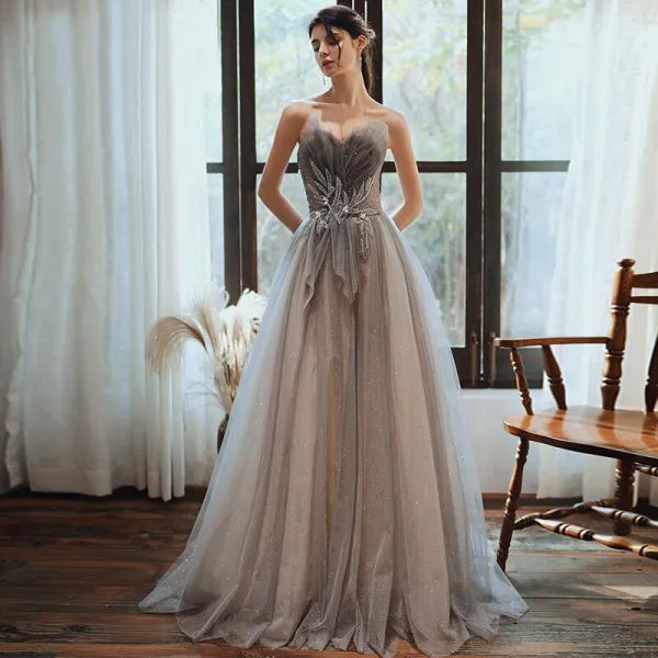Charming Grey Gradient-Color Evening Dresses  2020 A-Line / Princess Sweetheart Sleeveless Beading Glitter Tulle Sweep Train Ruffle Backless Formal Dresses