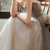 Uroczy Szary Gradient-Kolorów Sukienki Wieczorowe 2020 Princessa Kochanie Bez Rękawów Frezowanie Cekinami Tiulowe Trenem Sweep Wzburzyć Bez Pleców Sukienki Wizytowe