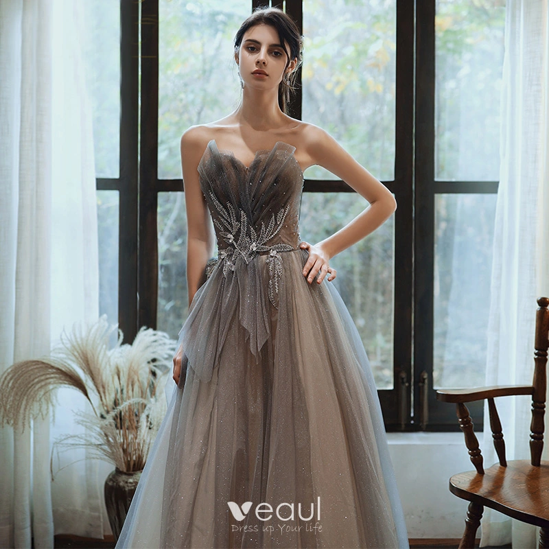 Charming Grey Gradient Color Evening Dresses 2020 A Line Princess Sweetheart Sleeveless Beading Glitter Tulle Sweep