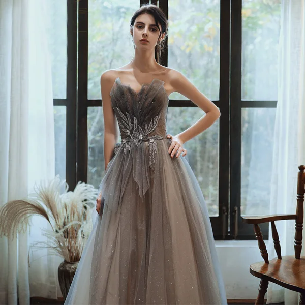 grey tulle dress Off Shoulder Dark Grey Tulle Appliques Long Evening Prom Dresses, A-line  Custom Prom Dress, MR8252