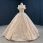 Luxury / Gorgeous Champagne Bridal Wedding Dresses 2020 Ball Gown Off-The-Shoulder Short Sleeve Backless Appliques Beading Glitter Tulle Sweep Train Ruffle