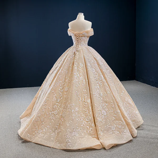 Luxury / Gorgeous Champagne Bridal Wedding Dresses 2020 Ball Gown Off-The-Shoulder Short Sleeve Backless Appliques Beading Glitter Tulle Sweep Train Ruffle