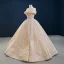 Luxury / Gorgeous Champagne Bridal Wedding Dresses 2020 Ball Gown Off-The-Shoulder Short Sleeve Backless Appliques Beading Glitter Tulle Sweep Train Ruffle