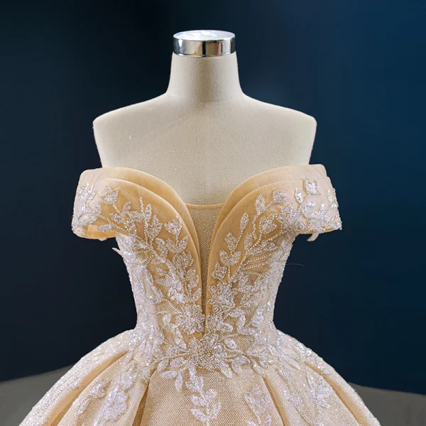 Luxury / Gorgeous Champagne Bridal Wedding Dresses 2020 Ball Gown Off-The-Shoulder Short Sleeve Backless Appliques Beading Glitter Tulle Sweep Train Ruffle