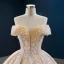 Luxury / Gorgeous Champagne Bridal Wedding Dresses 2020 Ball Gown Off-The-Shoulder Short Sleeve Backless Appliques Beading Glitter Tulle Sweep Train Ruffle