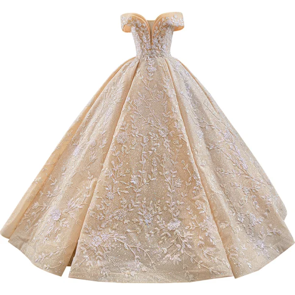 Luxury / Gorgeous Champagne Bridal Wedding Dresses 2020 Ball Gown Off-The-Shoulder Short Sleeve Backless Appliques Beading Glitter Tulle Sweep Train Ruffle