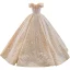 Luxury / Gorgeous Champagne Bridal Wedding Dresses 2020 Ball Gown Off-The-Shoulder Short Sleeve Backless Appliques Beading Glitter Tulle Sweep Train Ruffle