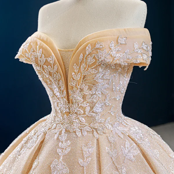 Luxury / Gorgeous Champagne Bridal Wedding Dresses 2020 Ball Gown Off-The-Shoulder Short Sleeve Backless Appliques Beading Glitter Tulle Sweep Train Ruffle