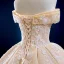 Luxury / Gorgeous Champagne Bridal Wedding Dresses 2020 Ball Gown Off-The-Shoulder Short Sleeve Backless Appliques Beading Glitter Tulle Sweep Train Ruffle