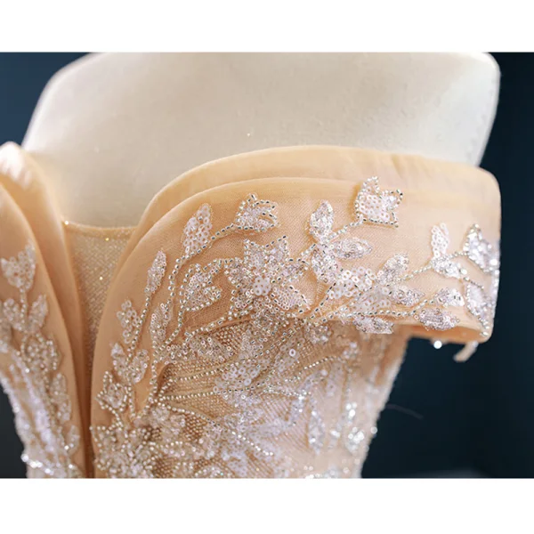 Luxury / Gorgeous Champagne Bridal Wedding Dresses 2020 Ball Gown Off-The-Shoulder Short Sleeve Backless Appliques Beading Glitter Tulle Sweep Train Ruffle