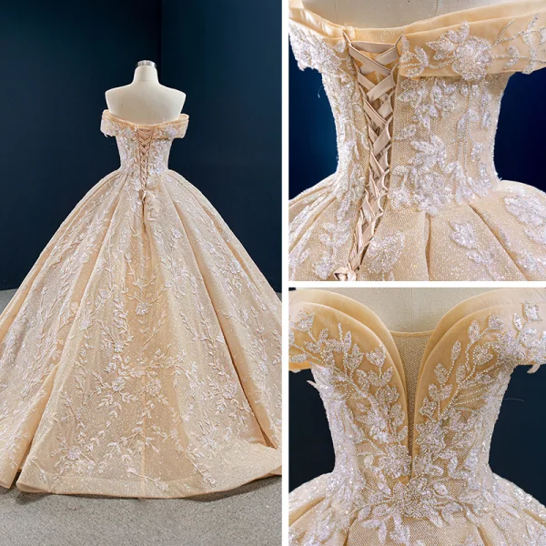 Luxury / Gorgeous Champagne Bridal Wedding Dresses 2020 Ball Gown Off-The-Shoulder Short Sleeve Backless Appliques Beading Glitter Tulle Sweep Train Ruffle