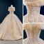 Luxury / Gorgeous Champagne Bridal Wedding Dresses 2020 Ball Gown Off-The-Shoulder Short Sleeve Backless Appliques Beading Glitter Tulle Sweep Train Ruffle
