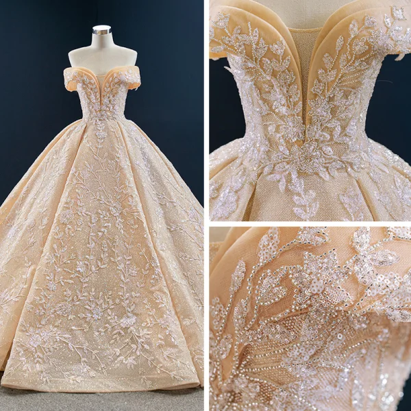 Luxury / Gorgeous Champagne Bridal Wedding Dresses 2020 Ball Gown Off-The-Shoulder Short Sleeve Backless Appliques Beading Glitter Tulle Sweep Train Ruffle