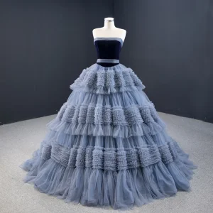 Luxe Oceaan Blauw Galajurken 2020 Baljurk Strapless Mouwloos Rechter Trein Cascading Ruches Ruglooze Gelegenheid Jurken
