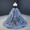 Luxury / Gorgeous Ocean Blue Prom Dresses 2020 Ball Gown Strapless Sleeveless Court Train Cascading Ruffles Backless Formal Dresses