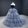 Luxury / Gorgeous Ocean Blue Prom Dresses 2020 Ball Gown Strapless Sleeveless Court Train Cascading Ruffles Backless Formal Dresses