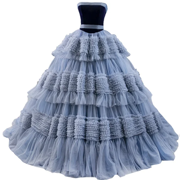 Luxury / Gorgeous Ocean Blue Prom Dresses 2020 Ball Gown Strapless Sleeveless Court Train Cascading Ruffles Backless Formal Dresses