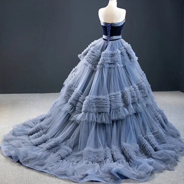 Luxury / Gorgeous Ocean Blue Prom Dresses 2020 Ball Gown Strapless Sleeveless Court Train Cascading Ruffles Backless Formal Dresses