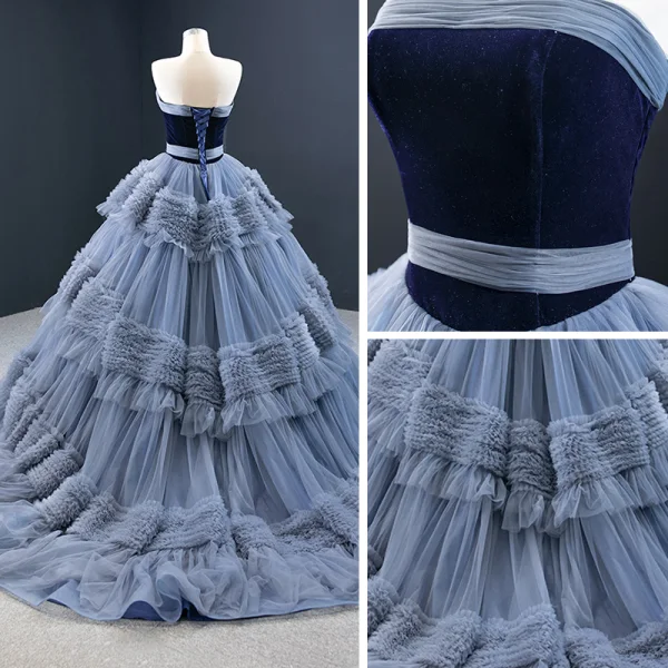 Luxury / Gorgeous Ocean Blue Prom Dresses 2020 Ball Gown Strapless Sleeveless Court Train Cascading Ruffles Backless Formal Dresses