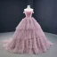 Luxury / Gorgeous Blushing Pink Prom Dresses 2020 Ball Gown Off-The-Shoulder Short Sleeve Court Train Cascading Ruffles Backless Formal Dresses