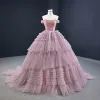 Luksusowe Rumieniąc Różowy Sukienki Na Bal 2020 Suknia Balowa Przy Ramieniu Kótkie Rękawy Trenem Sąd Kaskadowe Falbany Bez Pleców Sukienki Wizytowe