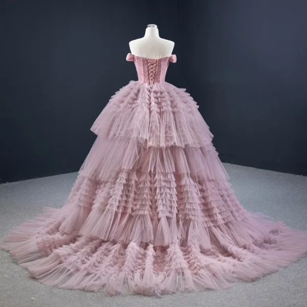 Luxury / Gorgeous Blushing Pink Prom Dresses 2020 Ball Gown Off-The-Shoulder Short Sleeve Court Train Cascading Ruffles Backless Formal Dresses