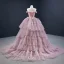 Luxury / Gorgeous Blushing Pink Prom Dresses 2020 Ball Gown Off-The-Shoulder Short Sleeve Court Train Cascading Ruffles Backless Formal Dresses