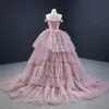 Luksusowe Rumieniąc Różowy Sukienki Na Bal 2020 Suknia Balowa Przy Ramieniu Kótkie Rękawy Trenem Sąd Kaskadowe Falbany Bez Pleców Sukienki Wizytowe