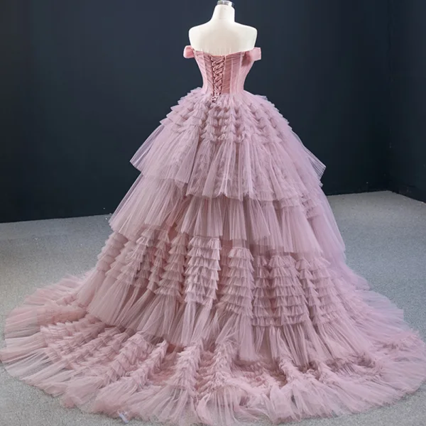 Luxury / Gorgeous Blushing Pink Prom Dresses 2020 Ball Gown Off-The-Shoulder Short Sleeve Court Train Cascading Ruffles Backless Formal Dresses