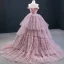 Luxury / Gorgeous Blushing Pink Prom Dresses 2020 Ball Gown Off-The-Shoulder Short Sleeve Court Train Cascading Ruffles Backless Formal Dresses