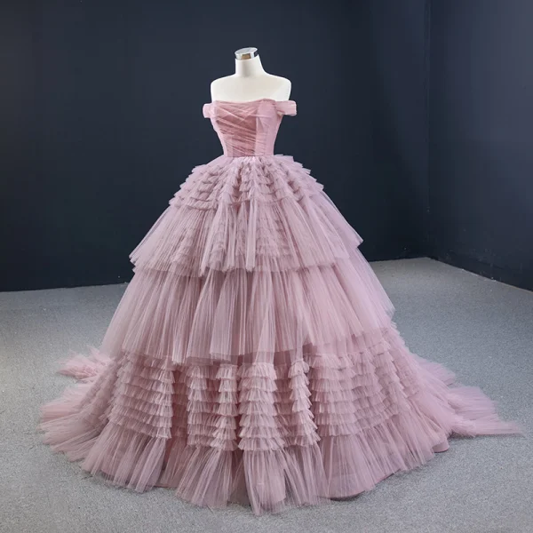 Luxury / Gorgeous Blushing Pink Prom Dresses 2020 Ball Gown Off-The-Shoulder Short Sleeve Court Train Cascading Ruffles Backless Formal Dresses