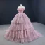 Luxury / Gorgeous Blushing Pink Prom Dresses 2020 Ball Gown Off-The-Shoulder Short Sleeve Court Train Cascading Ruffles Backless Formal Dresses