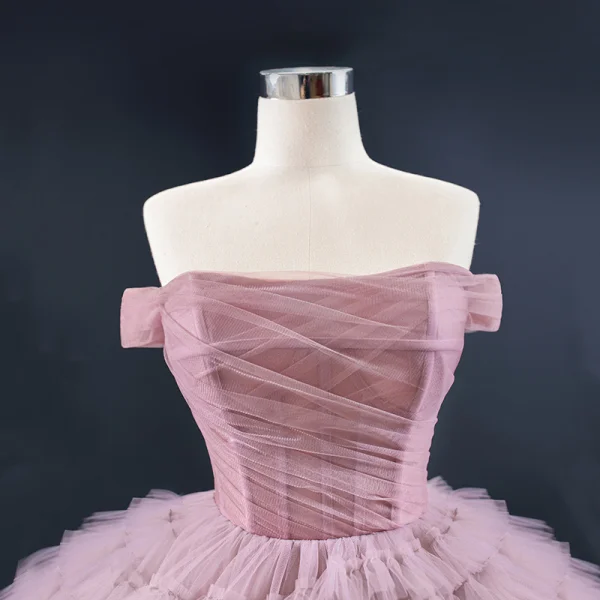Luxury / Gorgeous Blushing Pink Prom Dresses 2020 Ball Gown Off-The-Shoulder Short Sleeve Court Train Cascading Ruffles Backless Formal Dresses