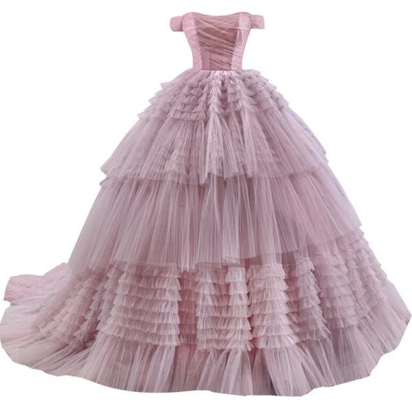Luxury / Gorgeous Blushing Pink Prom Dresses 2020 Ball Gown Off-The-Shoulder Short Sleeve Court Train Cascading Ruffles Backless Formal Dresses