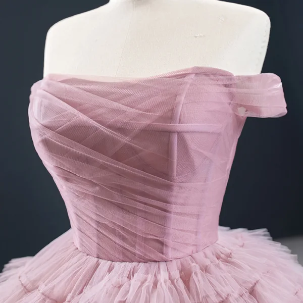 Luxury / Gorgeous Blushing Pink Prom Dresses 2020 Ball Gown Off-The-Shoulder Short Sleeve Court Train Cascading Ruffles Backless Formal Dresses