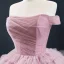 Luxury / Gorgeous Blushing Pink Prom Dresses 2020 Ball Gown Off-The-Shoulder Short Sleeve Court Train Cascading Ruffles Backless Formal Dresses