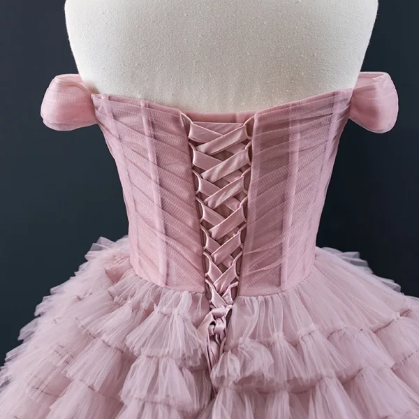 Luxury / Gorgeous Blushing Pink Prom Dresses 2020 Ball Gown Off-The-Shoulder Short Sleeve Court Train Cascading Ruffles Backless Formal Dresses