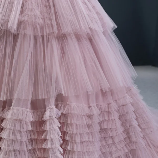 Luxury / Gorgeous Blushing Pink Prom Dresses 2020 Ball Gown Off-The-Shoulder Short Sleeve Court Train Cascading Ruffles Backless Formal Dresses