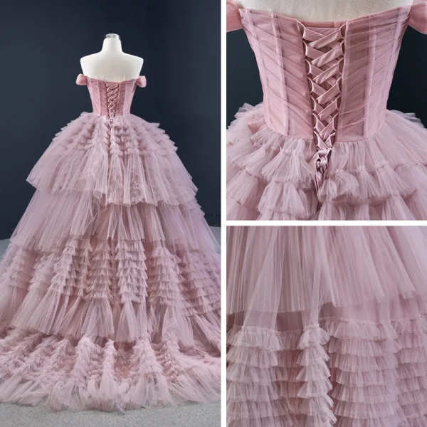 Luxury / Gorgeous Blushing Pink Prom Dresses 2020 Ball Gown Off-The-Shoulder Short Sleeve Court Train Cascading Ruffles Backless Formal Dresses