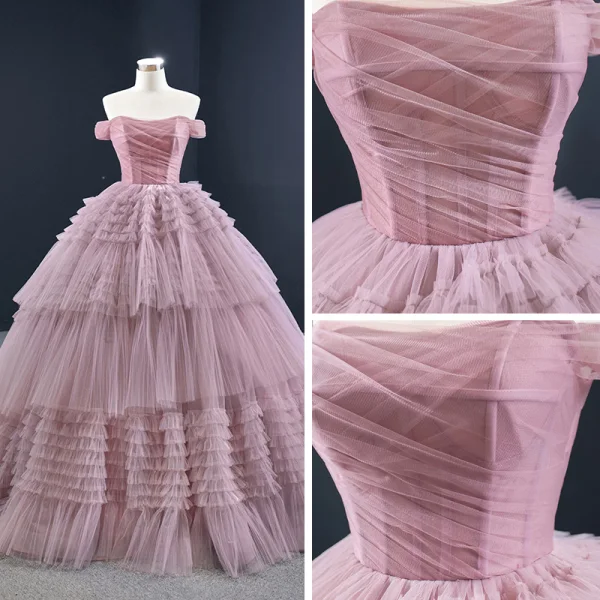 Luxury / Gorgeous Blushing Pink Prom Dresses 2020 Ball Gown Off-The-Shoulder Short Sleeve Court Train Cascading Ruffles Backless Formal Dresses