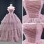 Luxury / Gorgeous Blushing Pink Prom Dresses 2020 Ball Gown Off-The-Shoulder Short Sleeve Court Train Cascading Ruffles Backless Formal Dresses