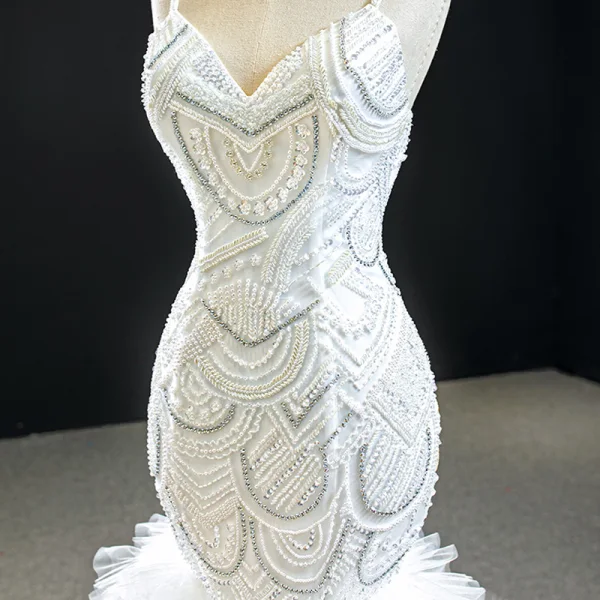 Luxury / Gorgeous White Bridal Wedding Dresses 2020 Trumpet / Mermaid Spaghetti Straps Sleeveless Backless Appliques Lace Handmade  Beading Court Train Ruffle