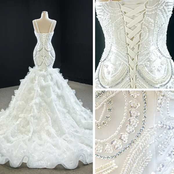 Luxury / Gorgeous White Bridal Wedding Dresses 2020 Trumpet / Mermaid Spaghetti Straps Sleeveless Backless Appliques Lace Handmade  Beading Court Train Ruffle