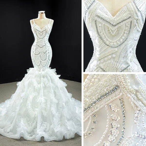 Luxury / Gorgeous White Bridal Wedding Dresses 2020 Trumpet / Mermaid Spaghetti Straps Sleeveless Backless Appliques Lace Handmade  Beading Court Train Ruffle