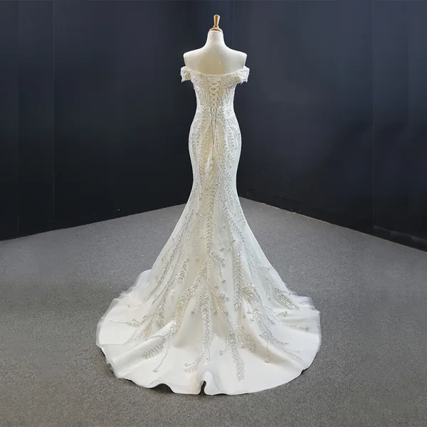 Luxury / Gorgeous Ivory Bridal Wedding Dresses 2020 Trumpet / Mermaid Off-The-Shoulder Short Sleeve Backless Sequins Beading Detachable Cathedral Train Ruffle