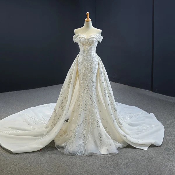 Luxury / Gorgeous Ivory Bridal Wedding Dresses 2020 Trumpet / Mermaid Off-The-Shoulder Short Sleeve Backless Sequins Beading Detachable Cathedral Train Ruffle
